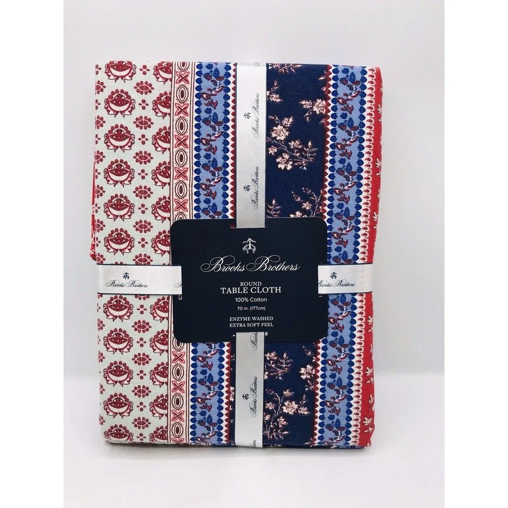 Brooks Brothers Round Tablecloth 70” Round Floral Red White Blue 100% Cotton NWT